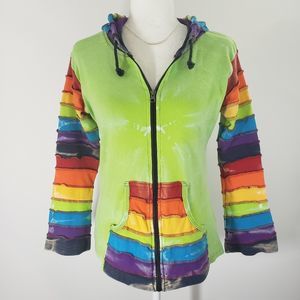 Green Rainbow Stripe Zip Front Hoodie Hooded Sweatshirt Size S/M Multi-colored